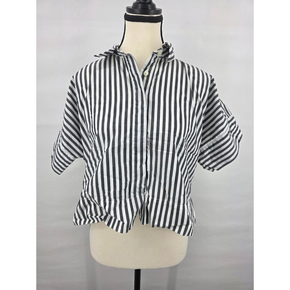 LOFT Womens XS Black White Striped Cropped Button Down Short Sleeve Shirt
